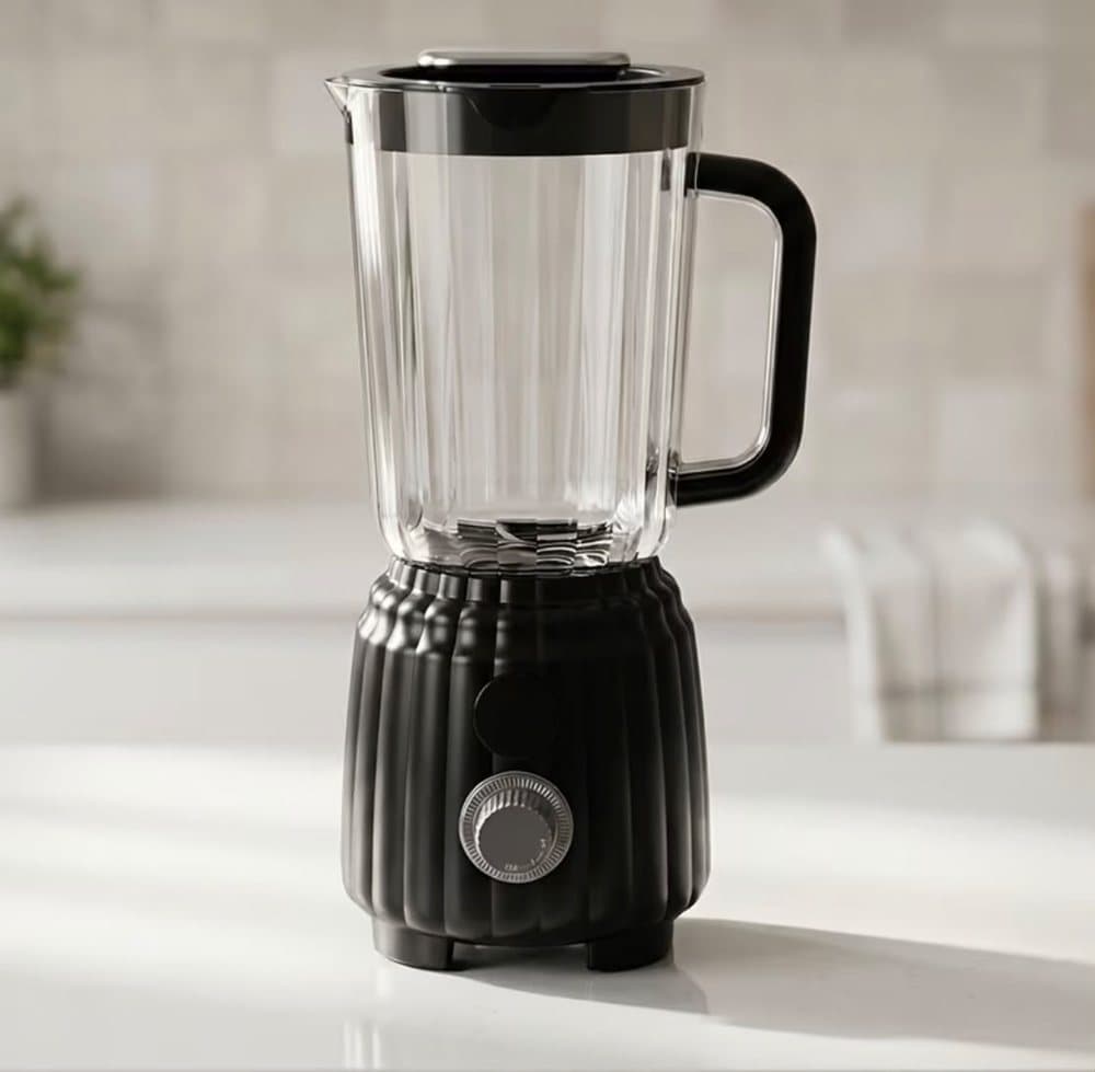 Black countertop blender with a glass jug