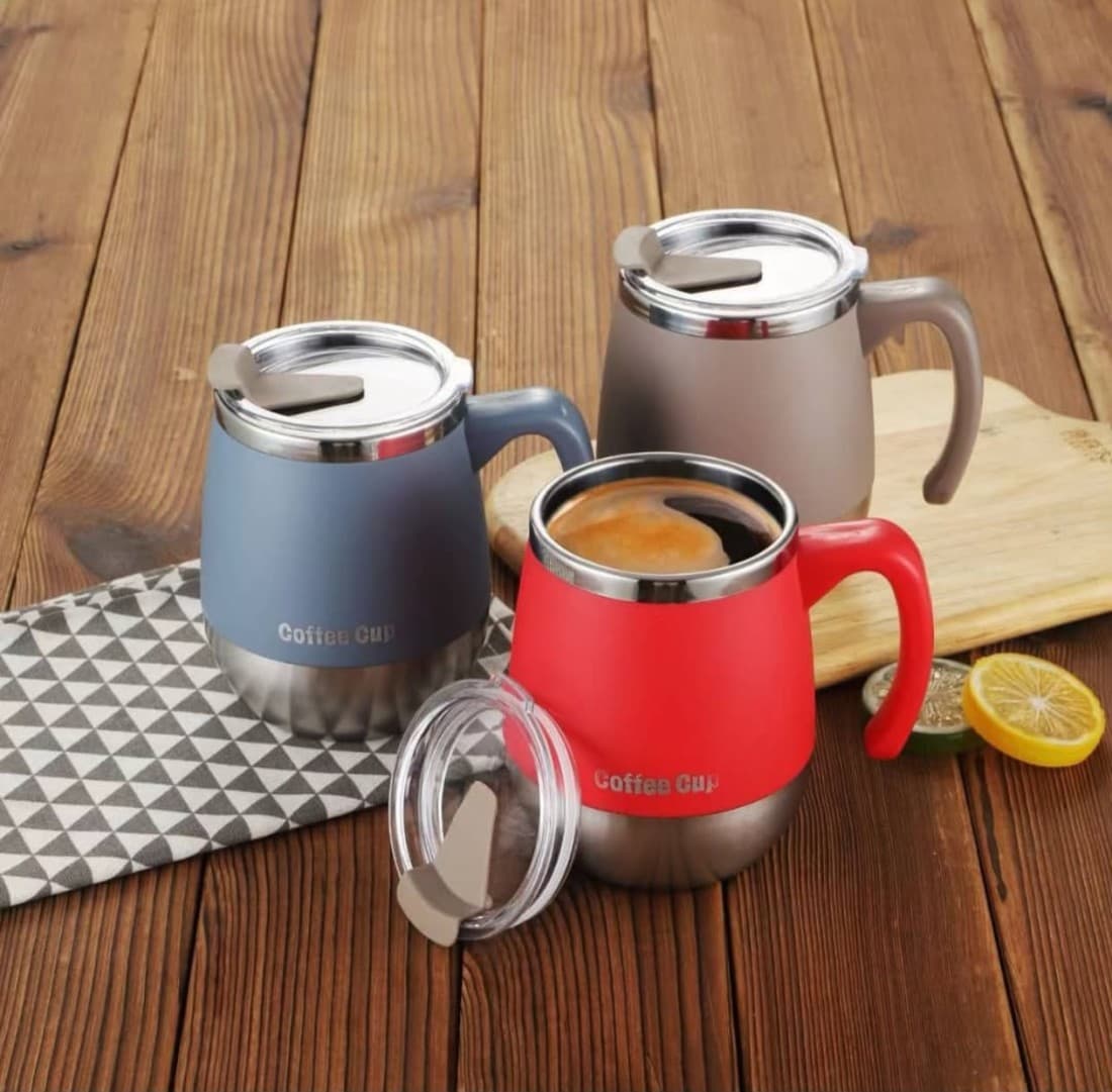 Set of three insulated mugs in blue, grey and red