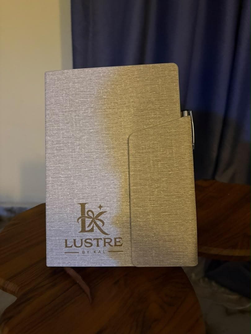 Textured notebook and pen set branded Lustre by Kal